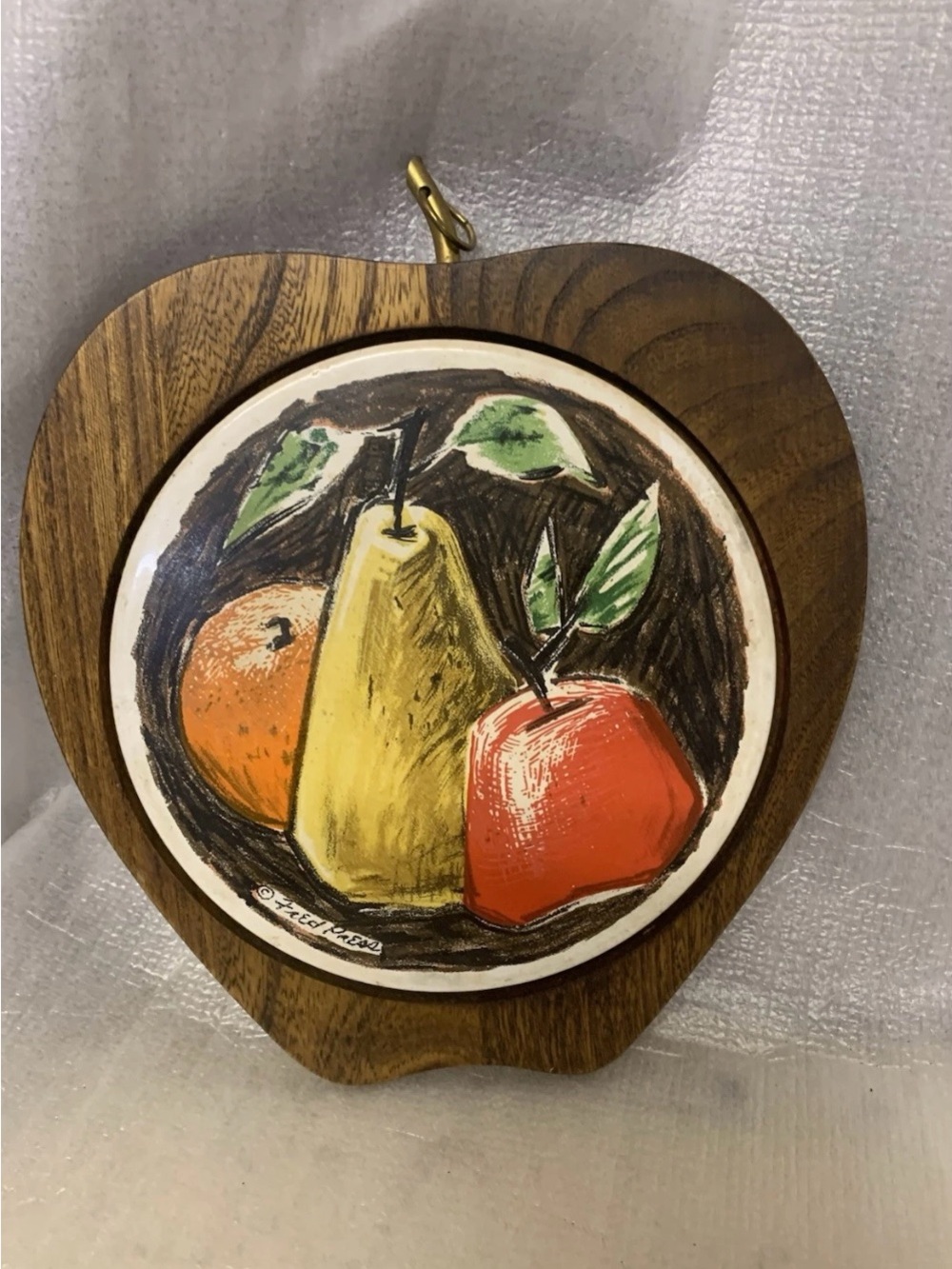 Vintage Fred Press MCM Apple Wood Ceramic Trivet Cheese Board Wall Art Brass Lop